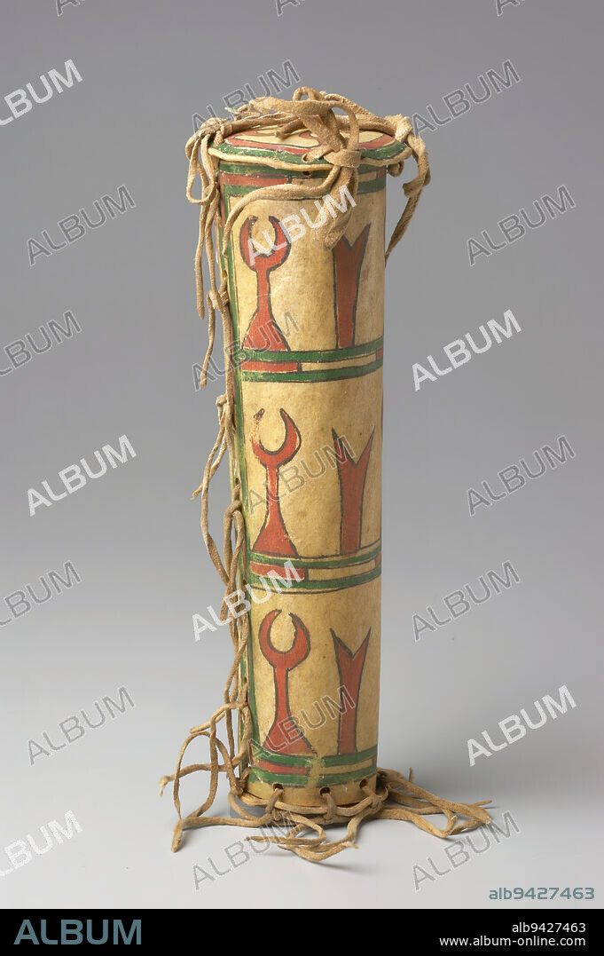 Parfleche Container, 19th century, 10 3/4 x 3 1/2 x 3 3/8 in. (27.3 x 8.9 x 8.6 cm), Animal hide, pigment, United States, 19th century, These two uniquely shaped rawhide cases highlight the technically skilled artistic abilities of Tsistsistas (Cheyenne) and Inua-ina (Arapaho) artists. Because they were allies, the Arapaho and the Tsistsistas share some artistic qualities, particularly their use of delicately drawn lines. The pattern you see on the fringed bag is one of three distinct patterns used by the Tsistsistas on their bags. This artist emphasizes the power of color in her dramatic shapes. There is a sense of balance as the amount of colored and uncolored areas are distributed evenly.