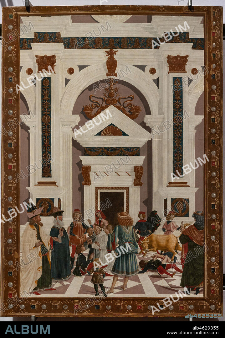 Perugia, National Gallery of Umbria: "Stories of Saint Bernardino", cycle of eight tablets painted in tempera, dated 1473. Cautiously referred to a "Maestro" or "Bottega del 1473", some of the best Umbrian painters of the time worked on them. "St Bernardino heals Nicola di Lorenzo da Prato, overwhelmed by a bull".