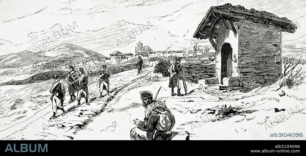 Third Carlist War (1872-1876). Basque Country. Guipu_zcoa. Town of Elgueta from the old road of Vergara. Drawing by Pellicer and engraving by Rico. The Spanish and American Illustration, 1876.