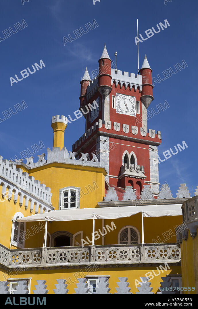 Queens Terrace in foreground and Clock Tower, Penna National Palace, Sintra, UNESCO World Heritage Site, Portugal, Europe.