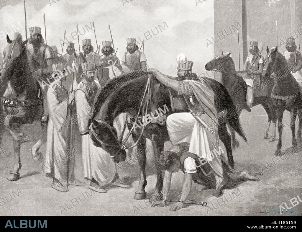 The humiliation of Valerian.  Captured by the Persian king Shapur I at the Battle of Endessa in 260 AD, he was spared no humiliation and was even used as a stepping-stone when Shapur mounted his horse.  Valerian, aka Valerian the Elder. Roman Emperor from 253 to 260 AD.   From Hutchinson's History of the Nations, published 1915.
