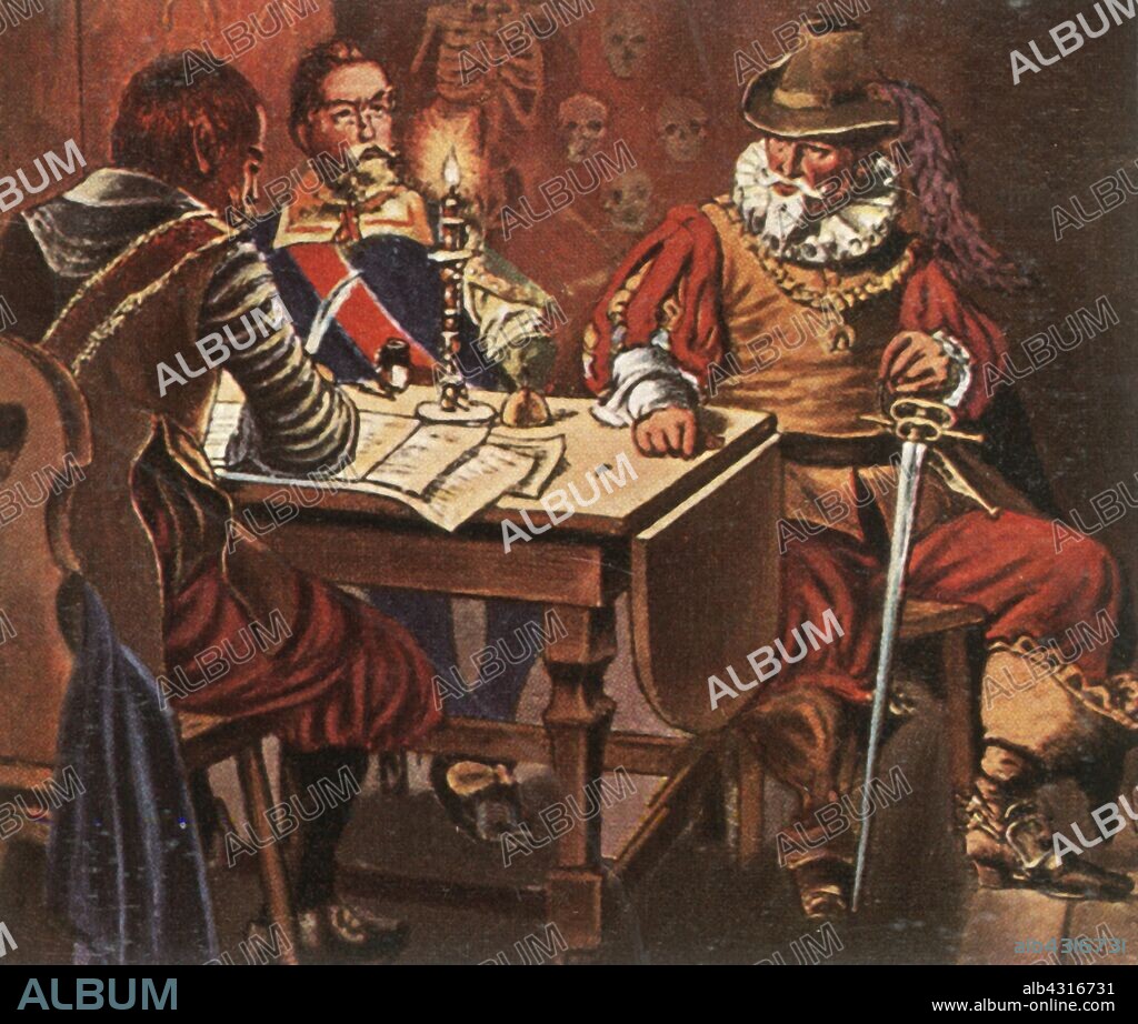 Tilly in the gravedigger's house, (1936). 'Tilly Im Totengräberhäuschen, 1559-1632'. German Catholic commander Johann Tserclaes, Count of Tilly (1559-1632) was wounded by a cannonball during the Battle of Rain, (Bavaria, Germany), and died of tetanus a few days later. From "Bilder Deutscher Geschichte", (Pictures of German History), No.12, cigarette card album. [Cigaretten-Bilderdienst, Altona-Bahrenfeld, Hamburg, Germany, 1936].