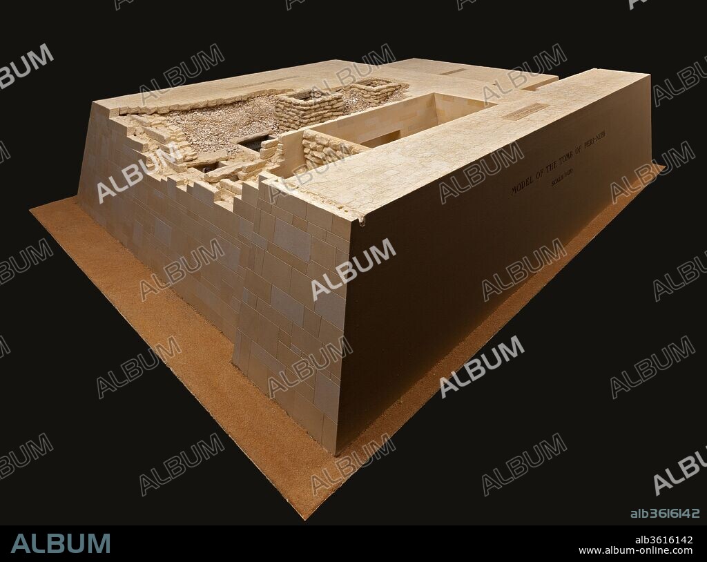 Model of the Mastaba Tomb of Perneb. Dimensions: H. 38.1 cm (15 in.); W. 121.9 cm (48 in.); D. 99.1 cm (39 in.). Dynasty: Dynasty 5, end. Reign: reign of Isesi-Unis (original). Date: Model: A.D. 1913-1916; Original ca. 2381-2323 B.C..
This model was made between 1913 and 1916 for the first installation of the mastaba of Perneb (13.183.3) in the Museum. It offers an overview of the layout of the entire structure. The mastaba was reached by a narrow street that threaded between rows of tombs in the cemetery and passed through an entry in the outer wall of Perneb's mastaba into the courtyard, whose outer wall was formed by the adjacent outer wall of the mastaba of Shepsesre.
Most of the interior space of the mastaba was packed with rubble, but the roof has been cut away here to allow a view into the vestibule and main offering chamber, which were accessed via the entryway in the center of the long wall of the courtyard. Also visible are the side offering chamber, which was linked to the statue chamber (serdab); the burial shaft, sunk vertically through the rubble fill; and a second shaft that was begun but never completed. The burial shaft reached the burial chamber in the bedrock below, and was filled in after deposition of the mummy and its accompanying burial equipment.