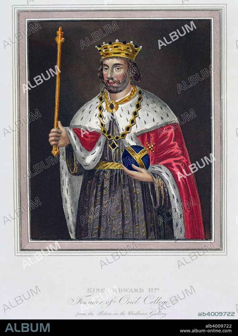 'King Edward II, Founder of Oriel College', 19th century. Edward II (1284-1327) succeeded his father, Edward I, in 1307. His reign was characterised by friction with the barons, who in 1311 drew up a document called the Ordinances, which imposed restricitions on the king's finances and power of appointments, as well as leading to the execution of Edward's unpopular favourite, Piers Gaveston. Edward's defeat by Robert the Bruce at Bannockburn (1314) led to his authority being still further emasculated, but in 1322 Edward freed himself from the control of the barons when he defeated and executed Thomas of Lancaster, and revoked the Ordinances. In 1326, Edward's queen, Isabella of France, assisted Roger de Mortimer, a baron exiled in France who was also her lover, in planning an invasion. Deserted by his followers, Edward fled and was captured attempting to escape by sea. He was imprisoned, forced to renounce his crown, and murdered, at Berkeley Castle in Gloucestershire. After a painting in the Bodleian Library, Oxford.