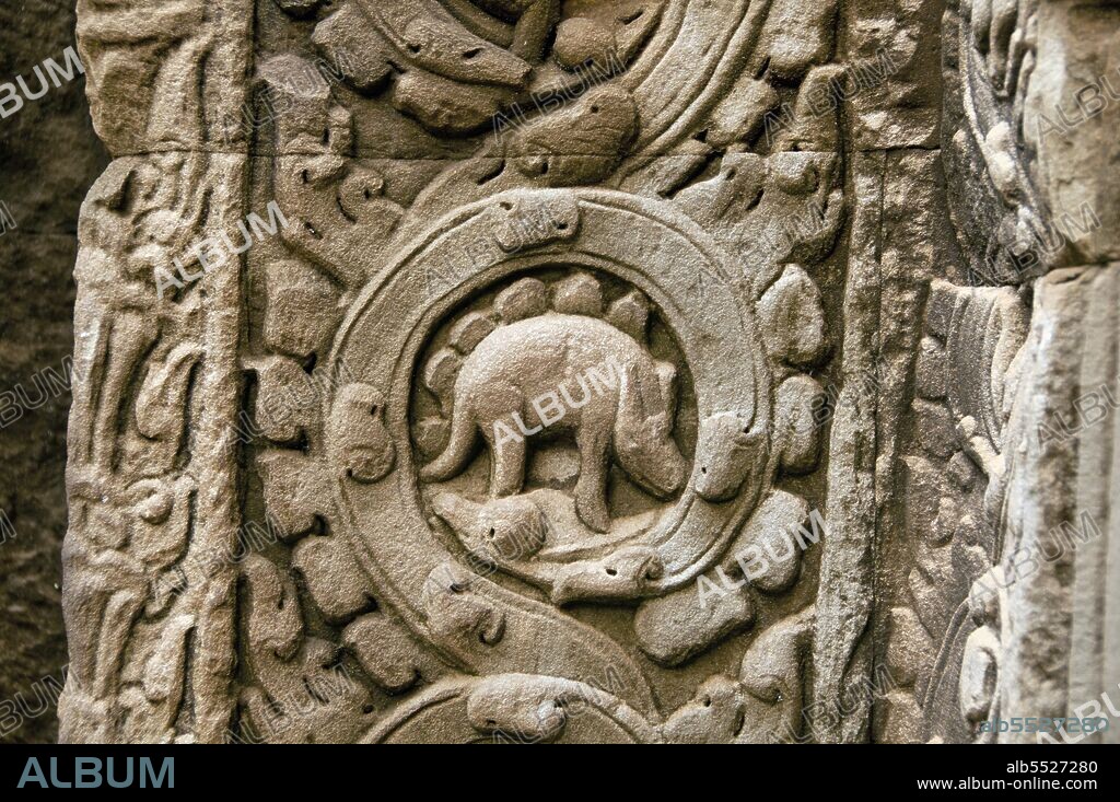 Ta Prohm was built in the Bayon style largely in the late 12th and early 13th centuries and originally called Rajavihara. It is located 1km east of Angkor Thom. It was founded by the Khmer King Jayavarman VII as a Mahayana Buddhist monastery and university. The trees growing out of the ruins are perhaps the most distinctive feature of Ta Prohm. Two species predominate, but sources disagree on their identification: the larger is either the silk-cotton tree (Ceiba pentandra) or thitpok (Tetrameles nudiflora), and the smaller is either the strangler fig (Ficus gibbosa) or Gold Apple (Diospyros decandra).