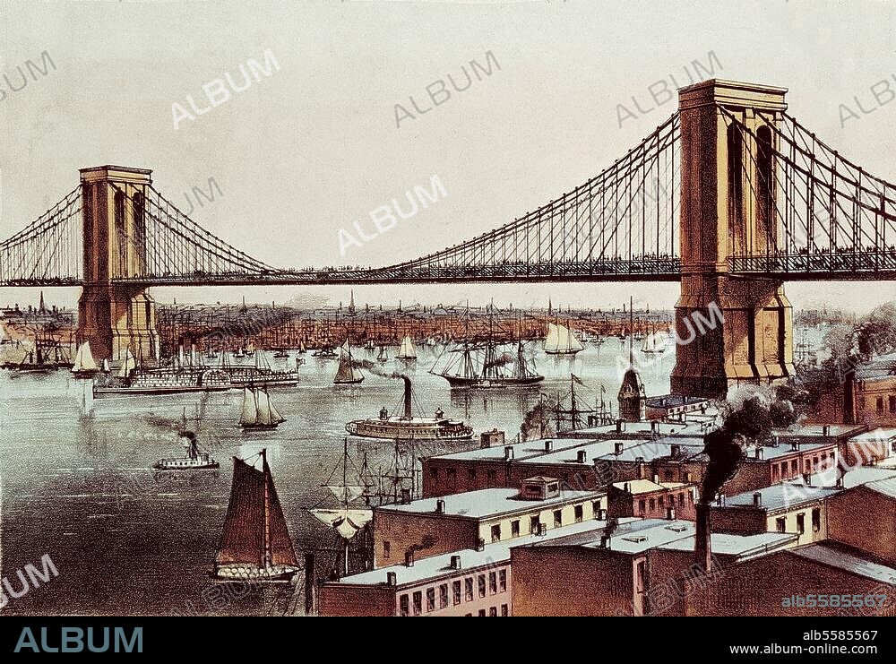 CURIER AND IVES. New York (USA), East River Bridge (Suspension Bridge), (1869-83 erbaut von Johann und Washington Röbling). Idealansicht. Farblithographie von Currier und Ives, um 1875.