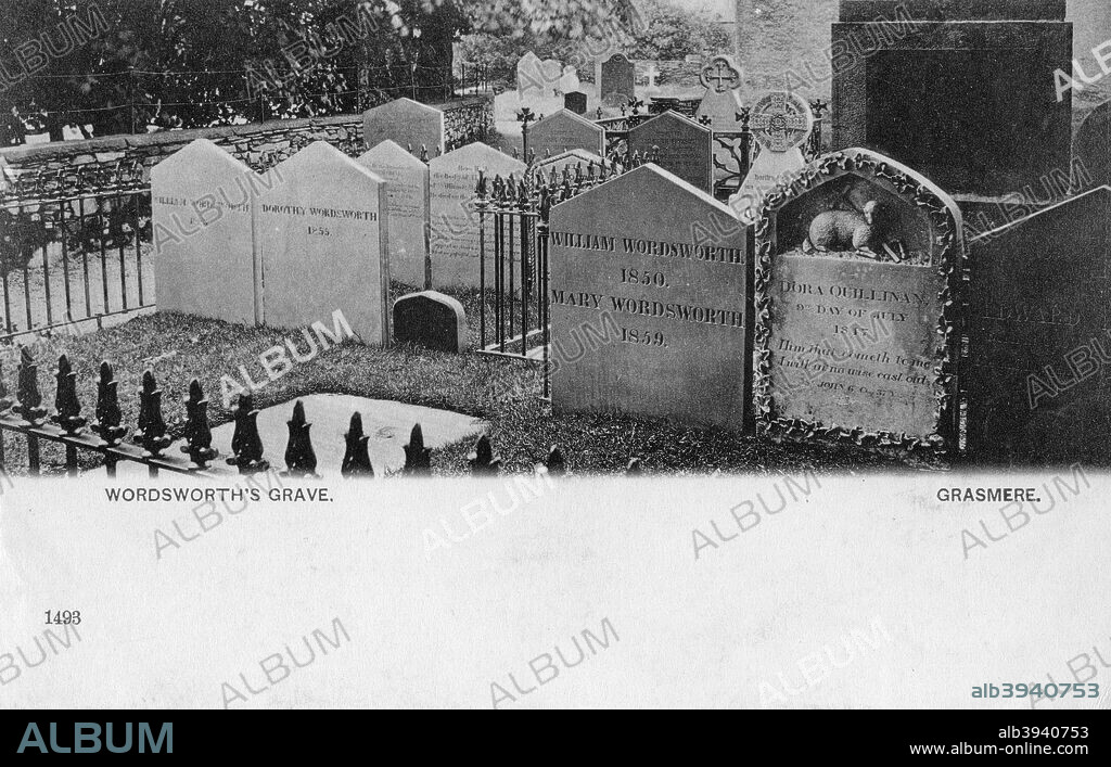 Grave of the poet William Wordsworth, Grasmere, Westmorland, 20th century. Wordsworth (1770-1850) is buried together with his wife Mary in the churchyard of St Oswald's Church.