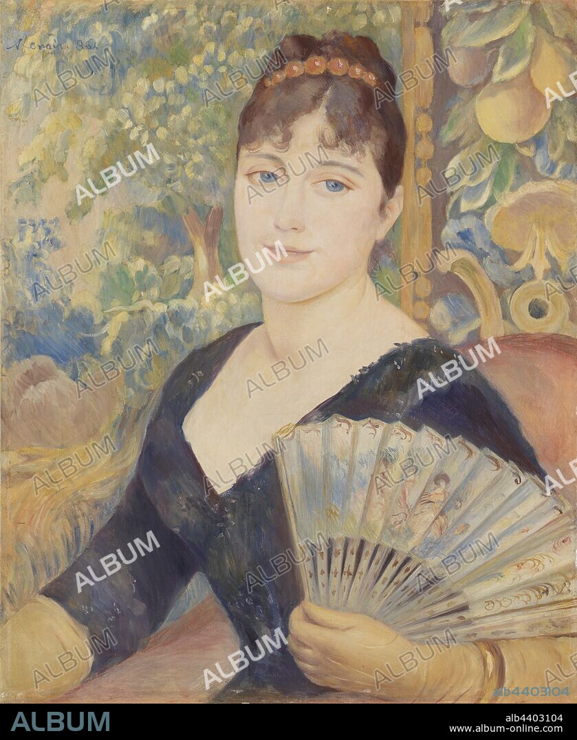 Pierre-Auguste Renoir: Woman with Fan (Femme à l'éventail), Pierre-Auguste Renoir, 1886, Oil on canvas (later mounted to cradled panel), This painting is a good example of the drastic shift in Renoir's style during the mid-1880s. After several years of working in an impressionist mode defined by loose brushwork and broken forms, Renoir decided he had reached an impasse. He wanted to bring back the craftsmanship of the past—to emulate the stability and solid forms he saw in earlier painting traditions. In this portrait of a woman holding a fan, paint is smooth. Contours are unbroken and the composition is carefully designed. Impressionist spontaneity has given way to order and balance., Overall: 22 x 18 in. (55.9 x 45.7 cm).