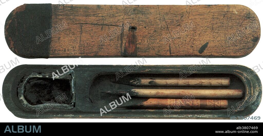 The Ancient Greeks, c. 380 BC, used pens made from stiff reeds, which were cut and split at the end to hold ink. Scribes often kept their pens in a wooden case, with a space at one end for ink.