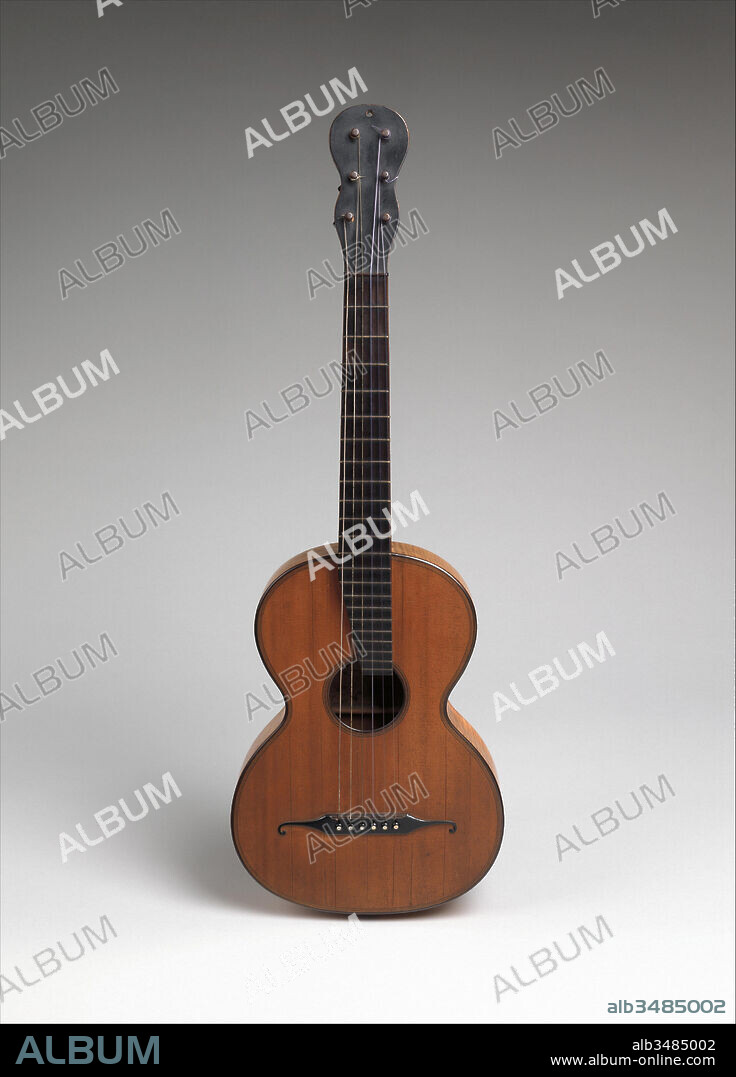 Guitar, ca. 1835–40, Vienna, Austria, Austrian, Spruce, maple, Chordophone-Lute-plucked-fretted, Johann Anton Stauffer (Austrian), An engraved paper label in the body states: “Nach dem Modell / des Luigi Legnani 3347 / von Johann Anton Staufer / in Wien N-480 / Stauffer [MS signature].” Rinaldo Luigi Legnani (Ferrara, 1790–Ravenna, 1877) was a guitar virtuoso as well as amateur violin and guitar maker who developed a guitar design emulated by Stauffer.