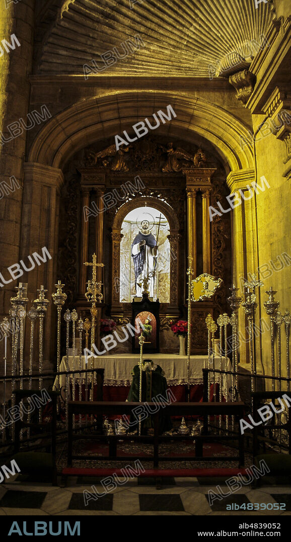 Almería, Andalusia, Spain, Europe.. The Sanctuary of the Virgen del Mar, patron saint of Almería. (Santuario de la Virgen del Mar). 16th century construction.. Style: Transition between late Gothic and Renaissance.. The chapel with an altar and a statue of Santo Domingo de Guzmán (Soin Dominic od Guzman).