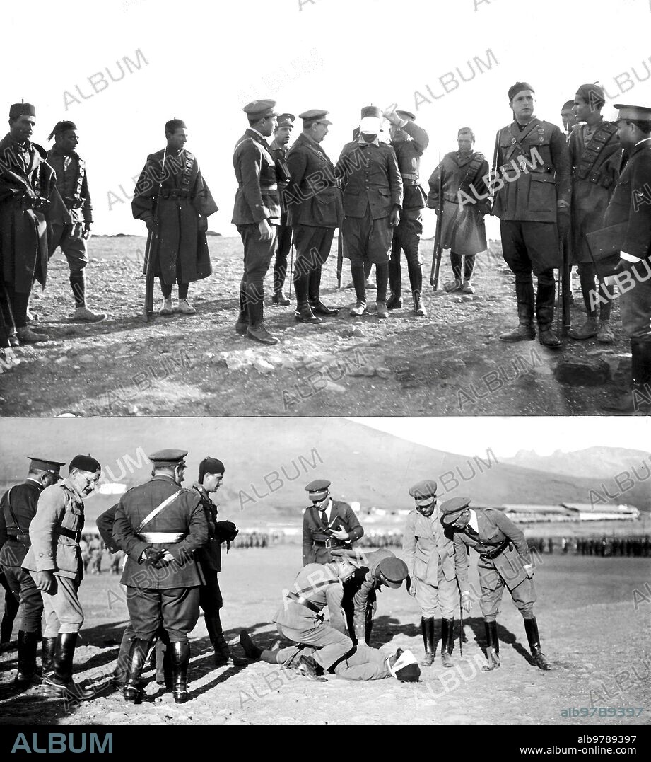October 1922. Melilla. Execution of a Moro officer. 1. Time to blindfold the former Regulars officer Sidi Mohamed ben amar to shoot him, 2. After the Execution, recognition of the Corpse. (Litran photo).