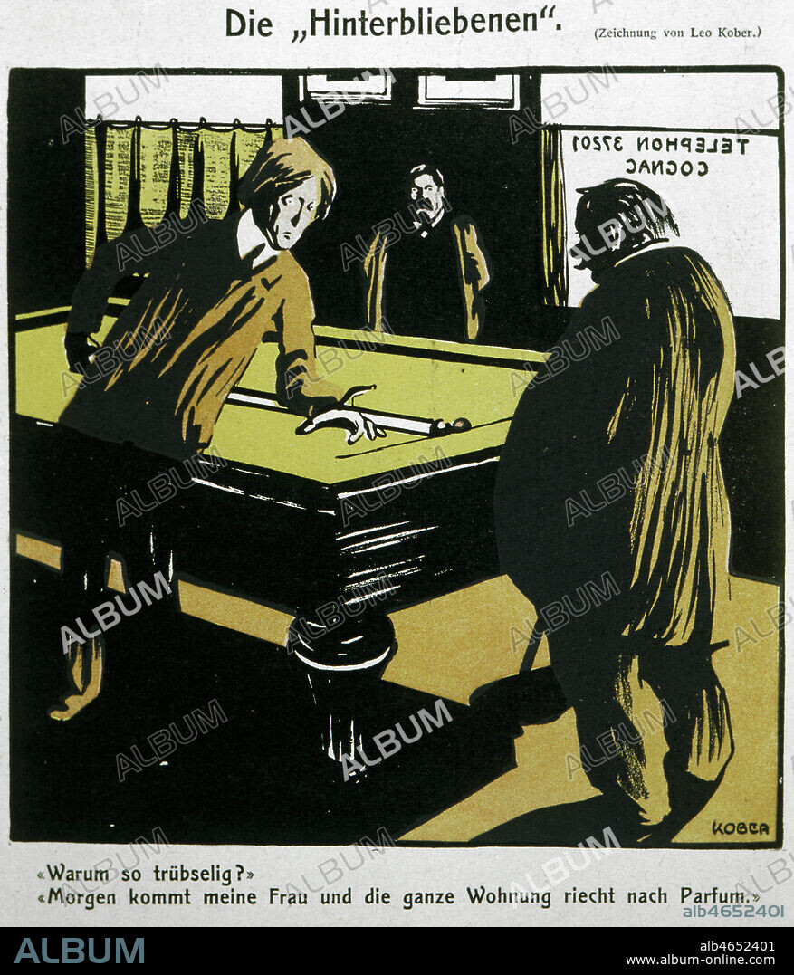 Die Hinterbliebenen ( les survivants ) - Pourquoi es tu triste? Ce matin ma femme et l'integralite de l'appartement sentait un parfum particulier. Trois adultes se tiennent devant un billard. Illustration de Leo KOBER (1876-1931) parue journal autrichien humoristique Die Muskete du 2 aout 1906. Credit : Collection KHARBINE-TAPABOR.