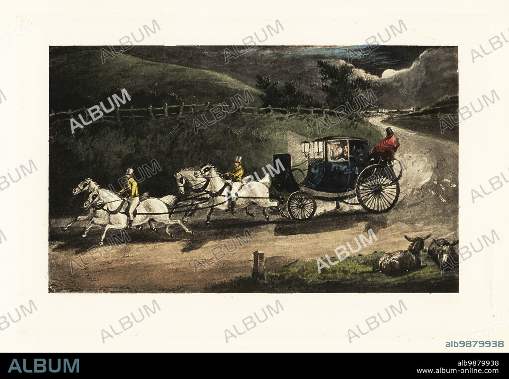 English gentleman losing a pile of banknotes out his carriage window. Mytton watching his London gambling winnings fly away on the road home to Doncaster. Light come, light go. Chromolithographic facsimile of an illustration by Henry Thomas Alken from Memoirs of the Life of the Late John Mytton by Nimrod aka Charles James Apperley, Kegan Paul, London, 1900.