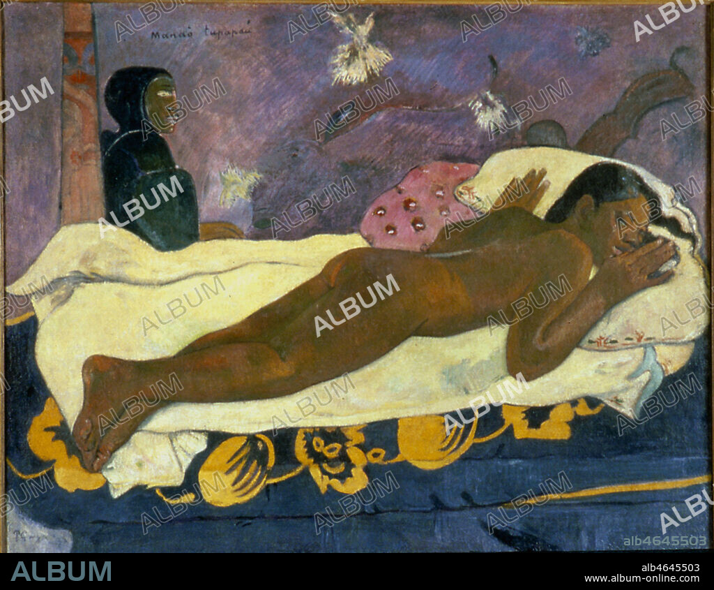 "Manao tupapau ou L'esprit des morts veille" peint par Paul Gauguin à Tahiti en 1892. L'origine du tableau vient du souvenir d'un retour tardif du peintre à la maison où sa compagne la tahitienne Teha'amana l'attendait dans l'obscurité, effrayée. Au pied du lit se trouve l'esprit des morts. Buffalo, Albright-Knox Art Gallery. Credit: Coll. Bouquignaud/Kharbine-Tapabor.