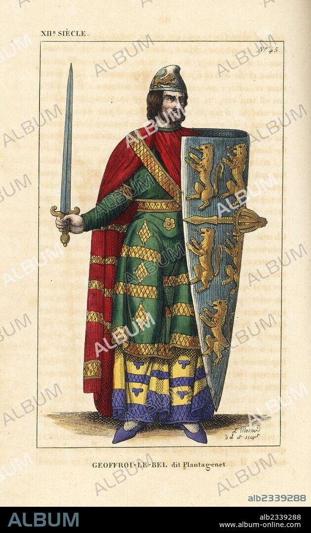 Geoffrey V, Plantagenet, Count of Anjou, 1113-1151. He wears a helmet in the Phrygian style, a long cape over tunics, all embroidered in gold. He holds a sword and large buckler (shield) decorated with heraldic lions. From an effigy on his tomb in Le Mans. Handcoloured copperplate drawn and engraved by Leopold Massard from "French Costumes from King Clovis to Our Days," Massard, Mifliez, Paris, 1834.