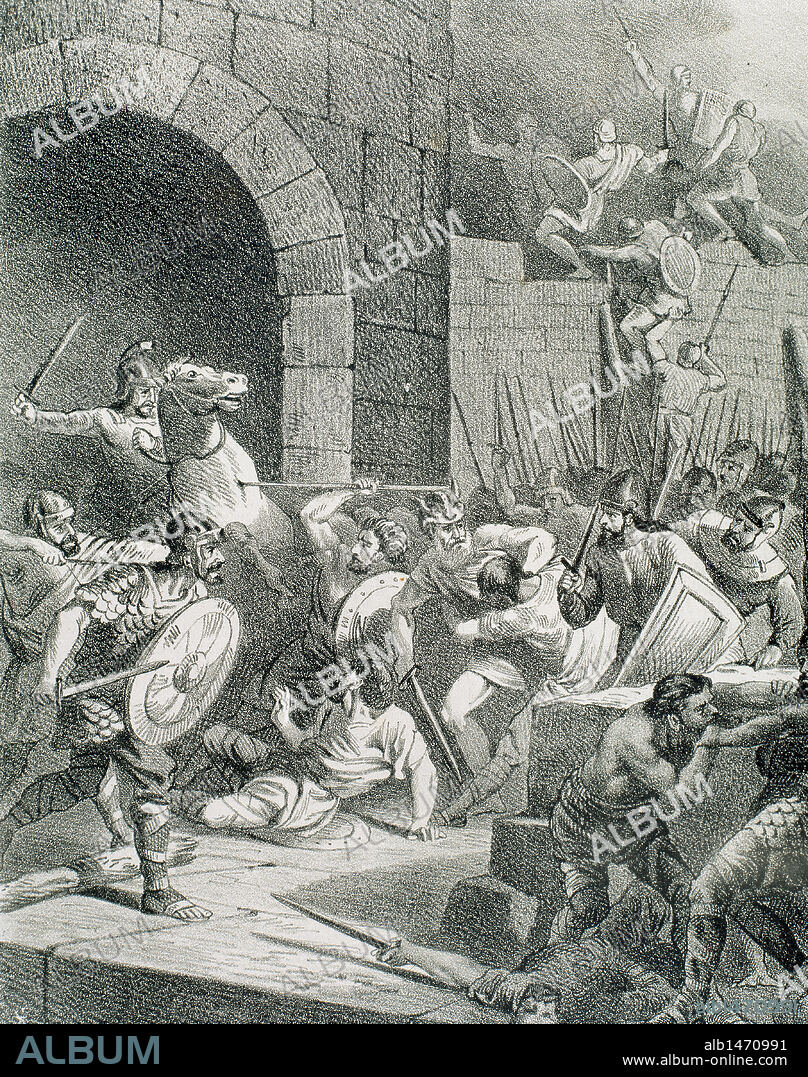WAMBA. Rey visigodo (672 a 680). A la muerte de Recesvinto fue elegido rey. S. VII. "TOMA DE NIMES POR EL REY WAMBA". Grabado S. XIX.
