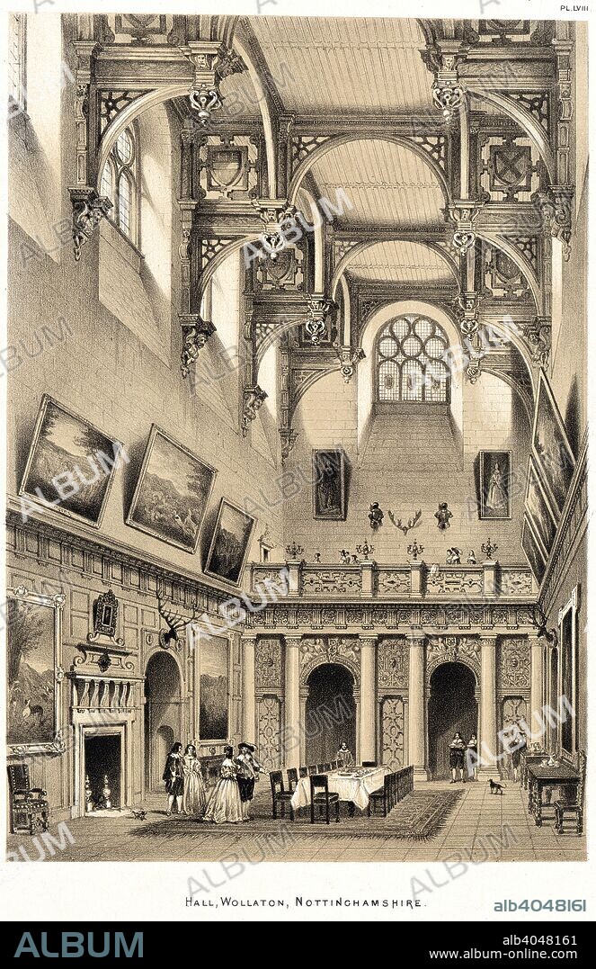 Interior of the Great Hall, Wollaton Hall, Nottingham, Nottinghamshire, 1841. Lithograph print taken from Nash's Mansions of England. It shows the hammer-beamed ceiling and gallery in the Great Hall. The picture was drawn in 1841 and depicts the hall at an earlier date with people in Stuart/Civil War costumes. Sir Francis Willoughby began to build his new hall at Wollaton in 1580, and it was eight years before it was completed.  Much of the money for its construction derived from the wealth acquired by the Willoughbys from early coal mining in the area. The stone was brought from Ancaster in exchange for coal, and the total cost of the building reached about £8000. The Willoughby family did not recover from the expense for two generations. Robert Smythson, who had previously worked at Longleat and ten years later was to design Hardwick Hall, was the 'architector and surveyor'. The Hall was designed for show rather than comfort. The Elizabethans were fascinated by pattern and symmetry and the design shows both of these, reflecting ideals of the late Renaissance period.