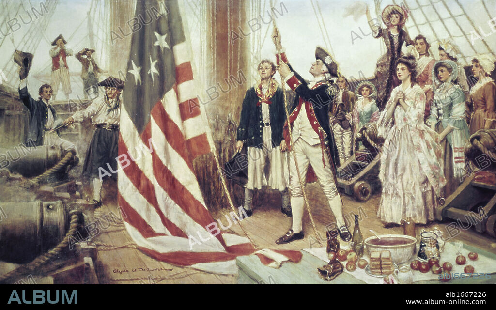 John Paul Jones Unfurling His Flag on Ranger by Clyde O. Deland, 1872-1947.