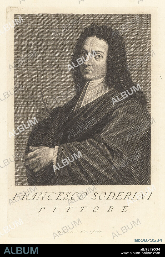 Francesco Soderini, Florentine painter, 1671-1736. Worked for the last members of the Medici dynasty. Pittore. Copperplate engraving drawn and engraved by Pietro Antonio Pazzi after a self portrait by the artist from Francesco Moucke's Museo Florentino (Museum Florentinum), Serie di Ritratti de Pittori (Series of Portraits of Painters) stamperia Mouckiana, Florence, 1752-62.