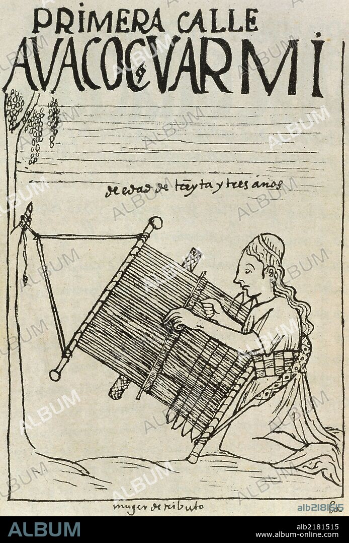 Inca woman working on a weaving frame, Peru, engraving from The first new chronicle and good government, by Felipe Guaman Poma de Ayala (ca 1535-after 1616). South America, 16th century.