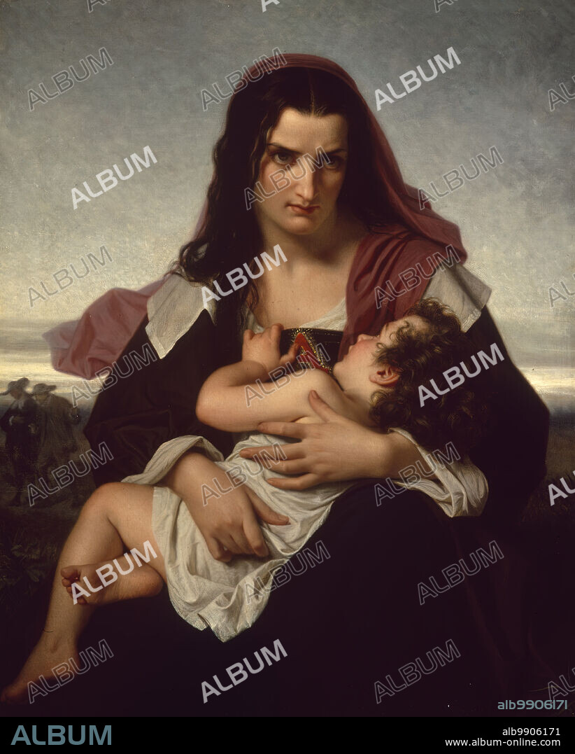 HUGUES MERLE. The Scarlet Letter, 1861. Nathaniel Hawthorne, author of "The Scarlet Letter" (1850), regarded this painting, which William Walters commissioned from Merle in 1859, as the finest illustration of his novel. Set in Puritan Boston, the novel relates how Hester Prynne was publicly disgraced and condemned to wear a scarlet letter "A" for adultery. Arthur Dimmesdale, the minister who fathered her child, and Roger Chillingworth, Hester's elderly husband, appear in the background.