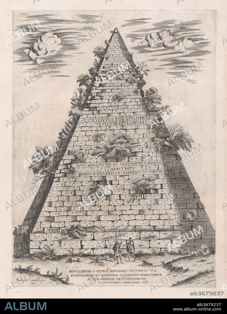 Speculum Romanae Magnificentiae: Pyramid of Caius Cestius. Artist: Giovanni Ambrogio Brambilla (Italian, active Rome, 1575-99). Dimensions: sheet: 18 13/16 x 13 3/16 in. (47.8 x 33.5 cm)
plate: 15 3/8 x 11 7/16 in. (39 x 29 cm). Publisher: Claudio Duchetti (Italian, active Venice and Rome, ca. 1565-died ca. 1585). Series/Portfolio: Speculum Romanae Magnificentiae. Date: 1582.
This print comes from the museum's copy of the Speculum Romanae Magnificentiae (The Mirror of Roman Magnificence) The Speculum found its origin in the publishing endeavors of Antonio Salamanca and Antonio Lafreri. During their Roman publishing careers, the two foreign publishers - who worked together between 1553 and 1563 - initiated the production of prints recording art works, architecture and city views related to Antique and Modern Rome. The prints could be bought individually by tourists and collectors, but were also purchased in larger groups which were often bound together in an album. In 1573, Lafreri commissioned a title page for this purpose, which is where the title 'Speculum Romanae Magnificentiae' first appears. Lafreri envisioned an ideal arrangement of the prints in 7 different categories, but during his lifetime, never appears to have offered one standard, bound set of prints. Instead, clients composed their own selection from the corpus to be bound, or collected a group of prints over time. When Lafreri died, two-third of the existing copper plates went to the Duchetti family (Claudio and Stefano), while another third was distributed among several publishers. The Duchetti appear to have standardized production, offering a more or less uniform version of the Speculum to their clients. The popularity of the prints also inspired other publishers in Rome to make copies however, and to add new prints to the corpus. 
The museum's copy of the Speculum entered the collection as a group of 3 albums with inlaid engravings and etchings. The prints have since been removed, but the original place of each print within the album is contained in the accession number: 41.72(volume.place).
Originally volume 1, plate 46 in the scrapbook.