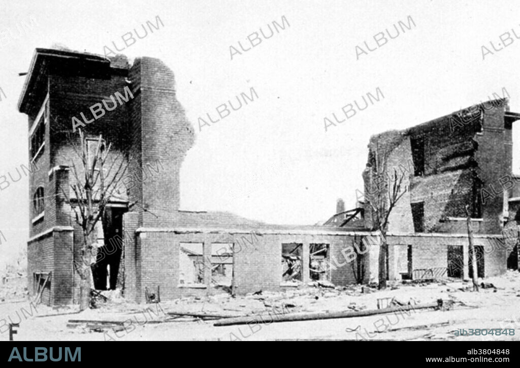 The Great Tri-State Tornado of Wednesday, March 18, 1925, was the deadliest tornado in US history. With 695 fatalities, the tornado killed more than twice as many as the second deadliest, the 1840 Great Natchez Tornado. The continuous 219 mile track left by the tornado was the longest ever recorded in the world: the tornado crossed from southeastern Missouri, through southern Illinois, then into southwestern Indiana. Although not officially rated by NOAA, it is recognized by most experts as an F5 tornado, the maximal damage rating issued on the Fujita scale. There has been uncertainty as to whether the event was one continuous tornado or a tornado family. Ongoing new research, however, finds no break in the path and also that the tornado touchdown may have occurred approximately 15 miles farther west than previously thought, bringing the total path length to around 234 miles. Photo originally captioned: "Ruins of the Baptist Church at Murphysboro, Illinois. A funeral was in progress when the tornado hit around 2:30 p.m. A casualty of the Tri-State Tornado, the longest-lived and longest path of any recorded tornado. It traveled over 300 miles from SE Missouri to Indiana and killed over 600." In: Journal of the Western Society of Engineers, Vol. 30, No. 9. September, 1925.