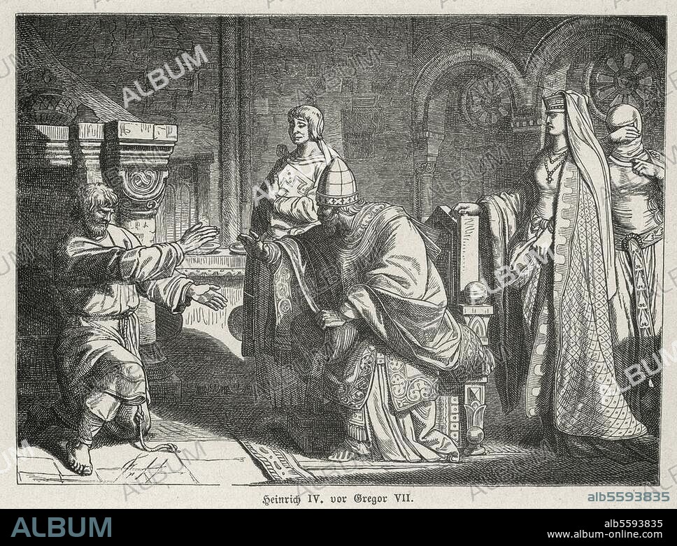Heinrich IV., Kaiser. 1050-1106. "Heinrich IV. vor Gregor VII." - (Canossa, 25./27. Jan. 1077: Heinrich erreicht vom Papst die Lösung des Kirchenbanns). Holzstich nach Zeichnung von Friedrich Hottenroth (geb. 1840). Aus: W.Zimmermann, Illustr. Gesch. des dt. Volkes, Bd. 2, Stuttgart (G.Weise) 1875. Berlin, Sammlung Archiv für Kunst und Geschichte.