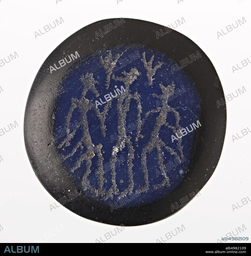 Alsengem' (after Danish island Als, where they were found for the first time), round to oval of sky-blue glass. Presentation: 3 human figures: the Adoration of the Three Kings., Gem, intaglio, glass, opaque, Color: blue and black, Shape: round, 30 x 29 mm. Thickness 6 mm., Lmeb 1200-1400, Netherlands, Friesland, Leeuwarden, Idaard.