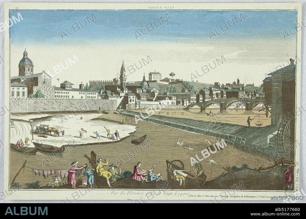 Peep-show, Vue de Florence Prise de Vaga Loggia, 19, Engraving in ink with washes of watercolor on paper, mounted on scrapbook page, Peep-show print, France, ca. 1750, Print, Print.
