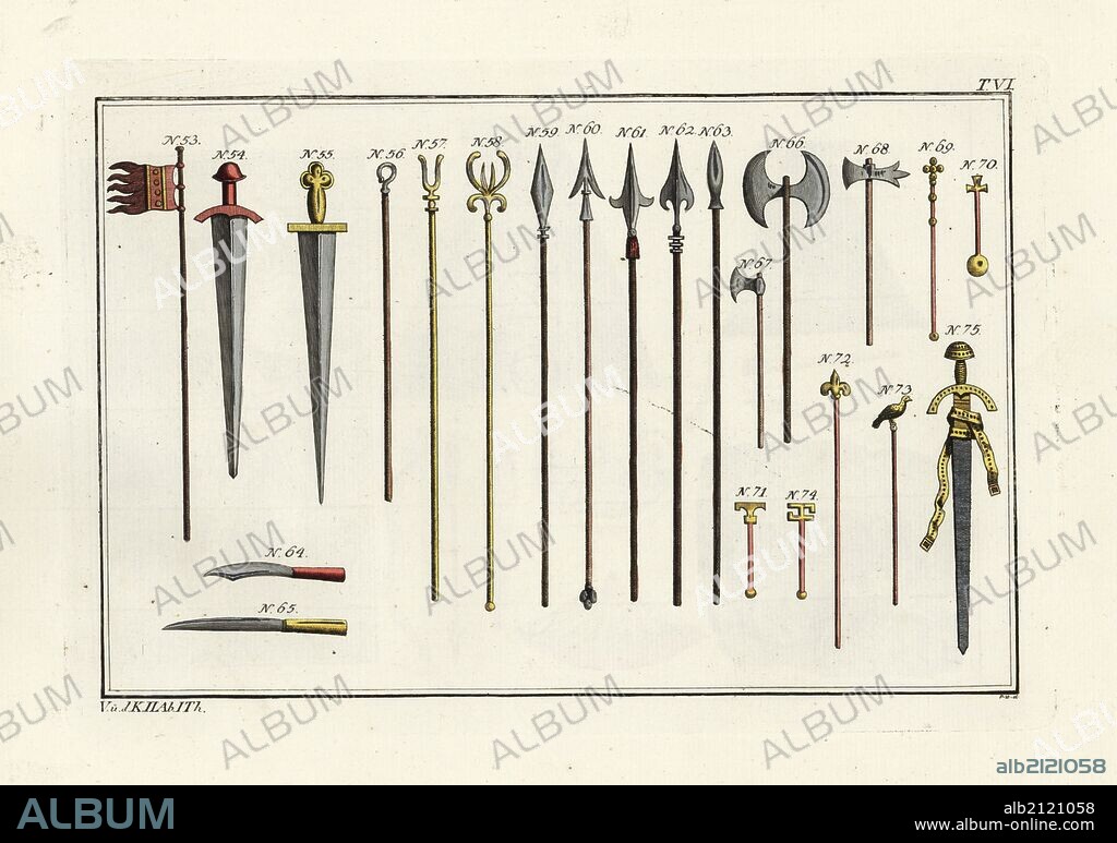 Anglo Saxon flag 53, swords 54,55, slingshot 56, magisterial staffs 57,58, 74, lances 59-63, daggers 64,65, double headed axe of the Danes called a Bipennis 66, Danish axes 67,68, Anglo Saxon scepters 69-73, and an Anglo Saxon sword with bejeweled handle and scabbard 75. Handcoloured copperplate engraving by Paul Weindl from Robert von Spalart's "Historical Picture of the Costumes of the Principal People of Antiquity and of the Middle Ages," Chez Collignon, Metz, 1810.