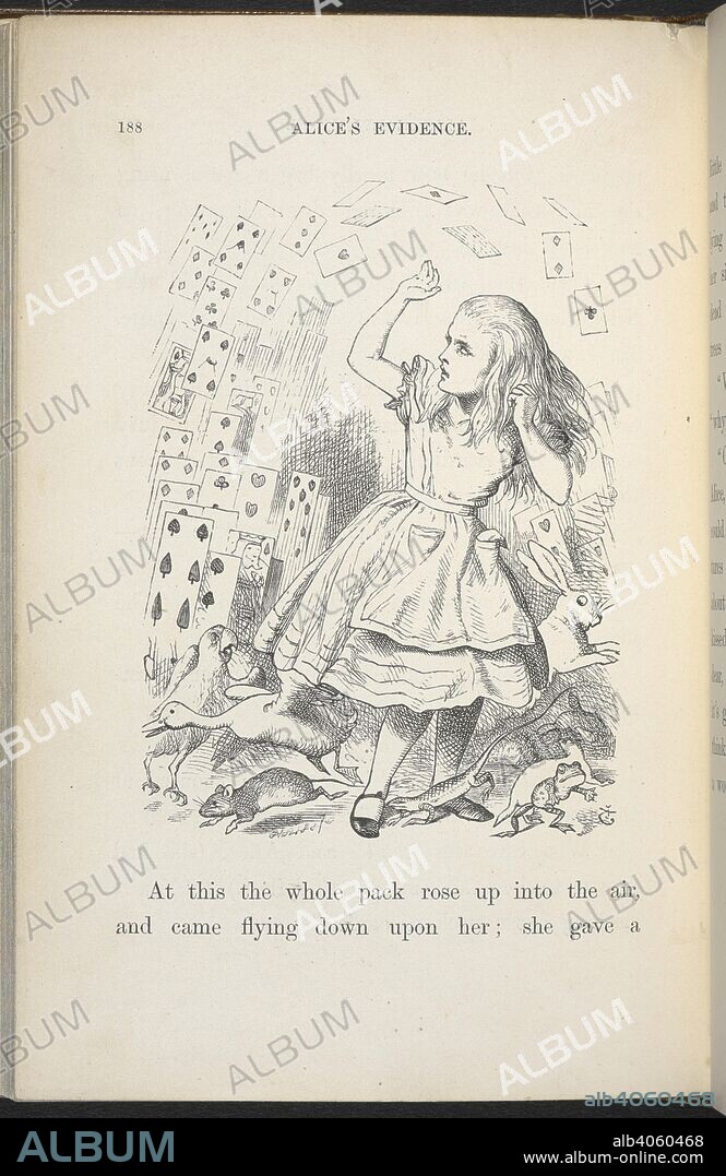 A pack of cards flying up over Alice. Alice's Adventures in Wonderland. With forty-two illustrations by John Tenniel. London : Macmillan & Co., 1866 [1865]. Source: C.59.g.11 page 188.