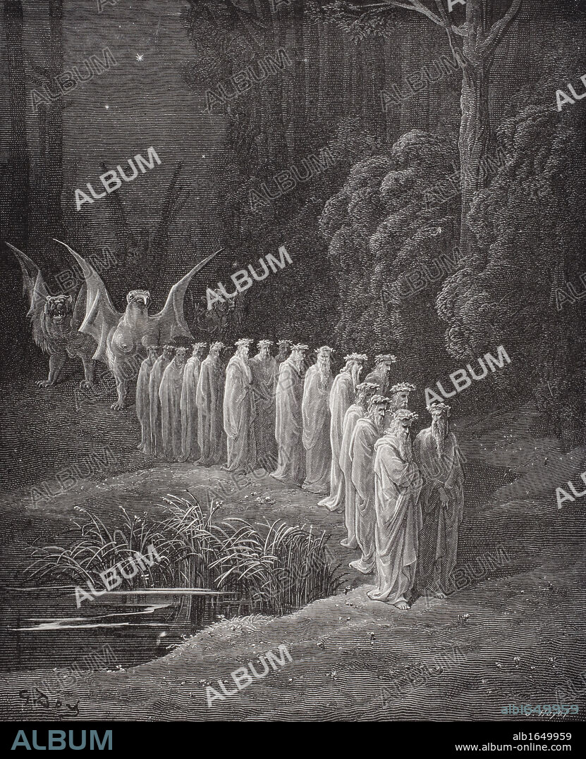 Illustration for Purgatorio by Dante Alighieri Canto XXIX lines 80 to 82 by Gustave Dore 1832-1883 French artist and illustrator.
