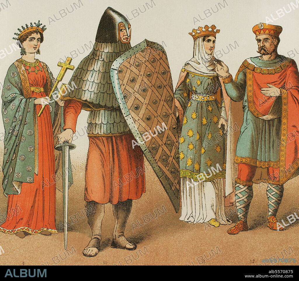 Europa. Alta Edad Media. Siglos VIII-IX. Reino de los Francos. Dinastía carolingia. De izquierda a derecha. 9: Emperatriz en el año 800, 19: Guerrero, 11: Princesa, 12: Carlomagno. Cromolitografía. "Historia Universal", por César Cantú. Tomo IV. Publicado en Barcelona, 1881.