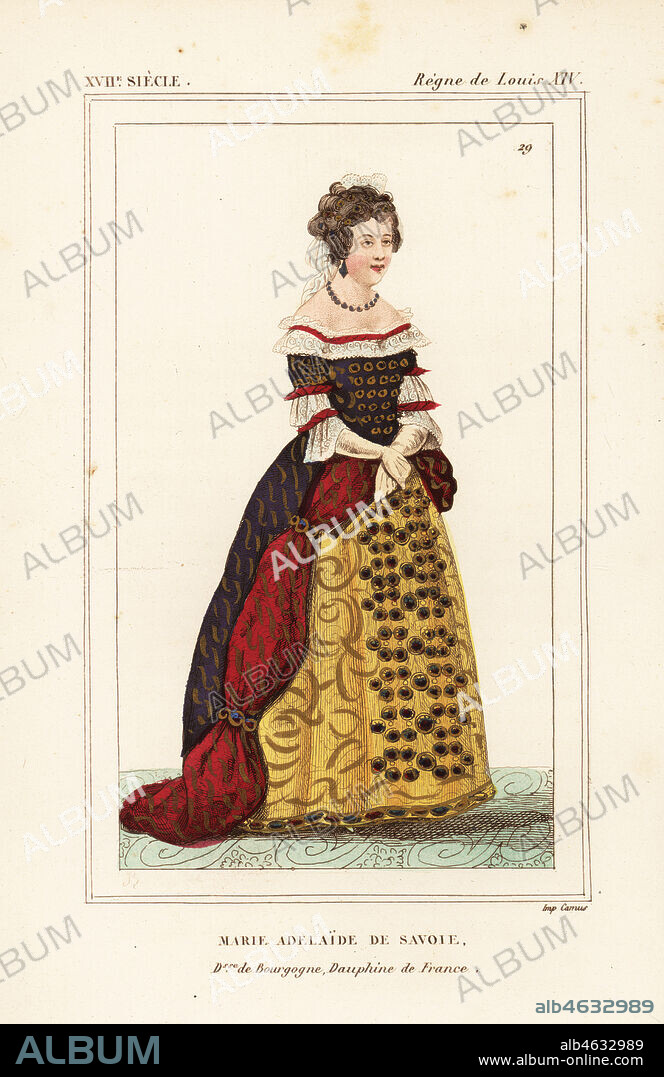 Marie Adelaide of Savoy, wife of Louis, Dauphin of France, Duke of Burgundy, 1685-1712. Marie Adelaide de Savoie, Duchesse de Bourgogne, Dauphine de France. Handcoloured lithograph by Breton after a print by Bonnard from Le Bibliophile Jacob aka Paul Lacroix's Costumes Historiques de la France (Historical Costumes of France), Administration de Librairie, Paris, 1852.