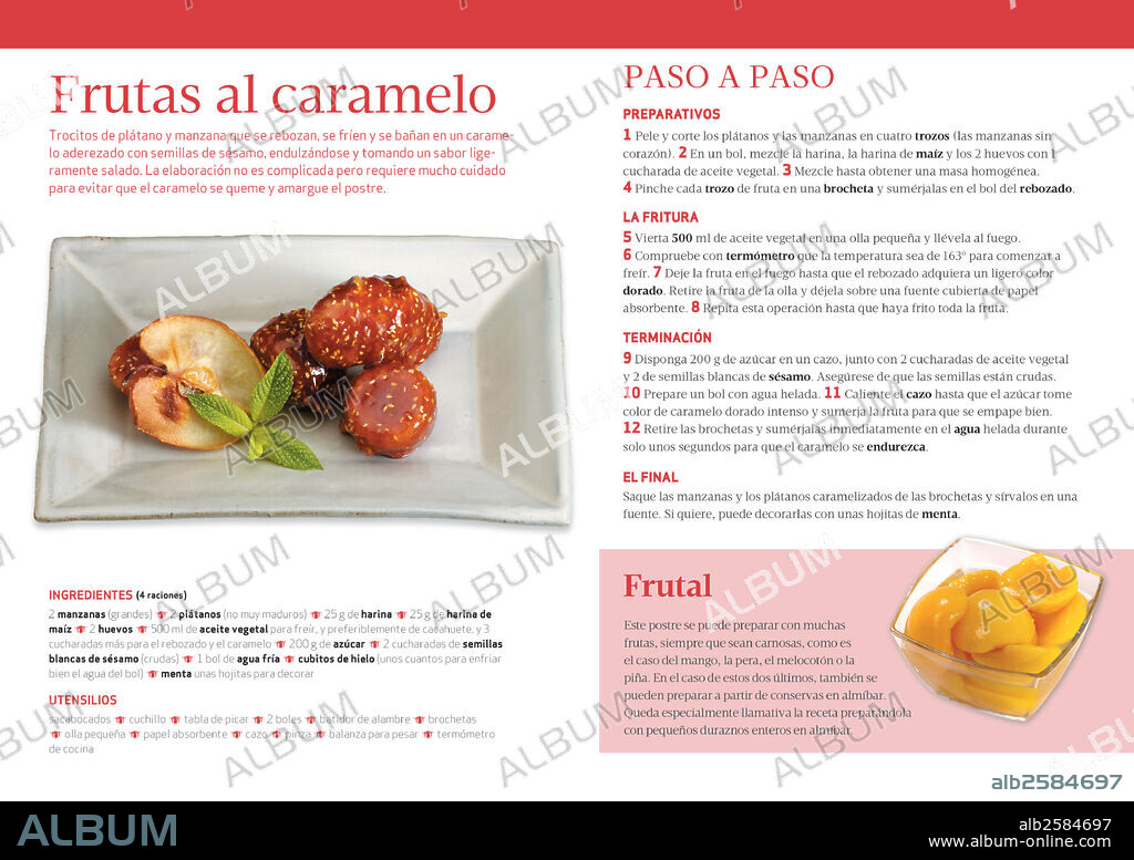 Frutas al caramelo. Receta para la elaboración de frutas al caramelo, plátano y manzana rebozados, fritos y bañados en caramelo aderezado con semillas de sésamo. Ingredientes, utensilios y modo de preparación al detalle.