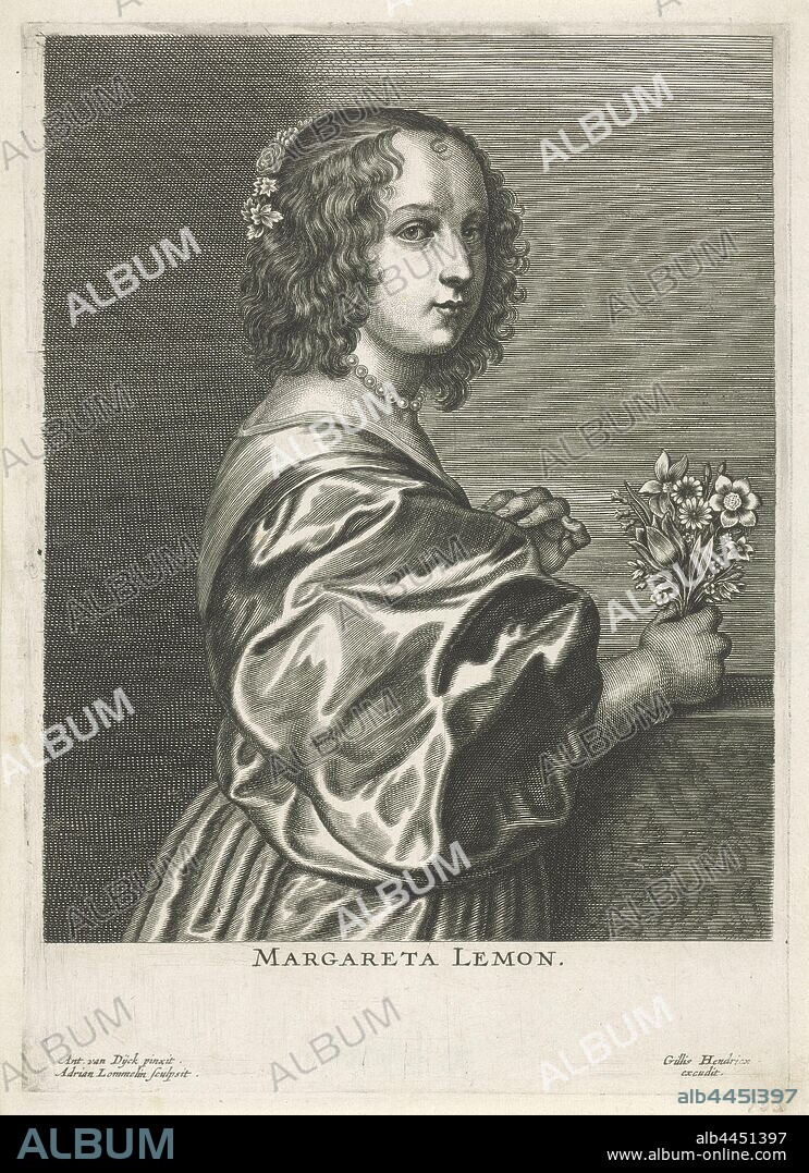 Portrait of Margaret Lemon, model and mistress of the painter Anthony van Dyck, Margaret Lemon, Adriaen Lommelin (mentioned on object), Antwerp, 1630 - 1677, paper, engraving, h 260 mm × w 186 mm.