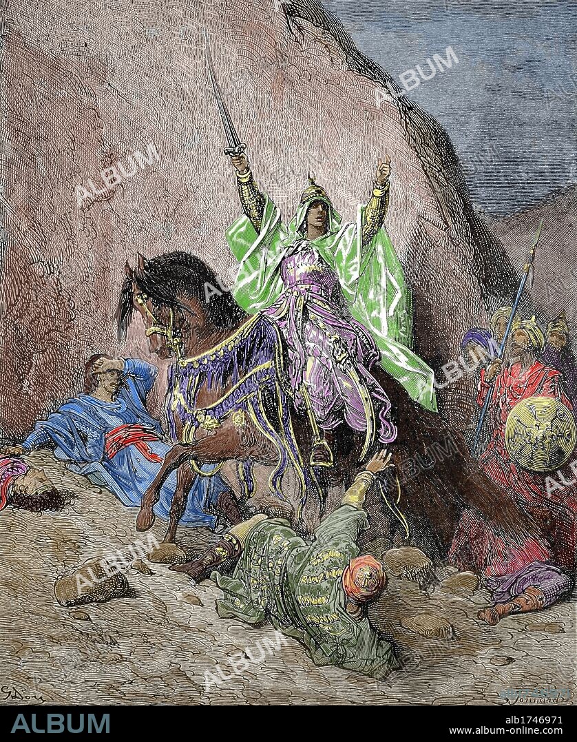 PAUL GUSTAVE DORÉ. SALADINO (1138-1193). Gobernador del mundo islámico, siendo Sultán de Egipto y Síria. Fundador de la Dinastía Ayubí. Combatió contra los cristianos cruzados y ganó la famosa Batalla de Hattin. Grabado coloreado de Gustavo Doré. S. XIX.