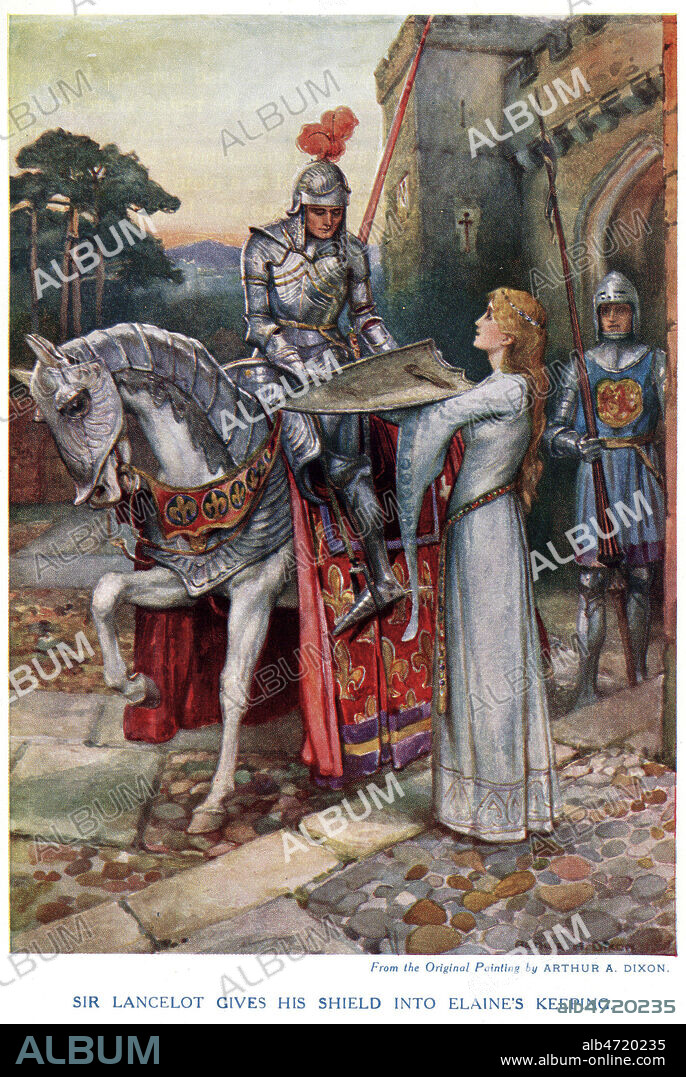 Sir Lancelot donne son bouclier pour la garde d'Elaine. Illustration de 1914 par Arthur DIXON (19-20 s.) pour The lily maid repris dans Children's stories from Alfred TENNYSON (1809-1892). Credit : Jean Vigne/KHARBINE-TAPABOR.