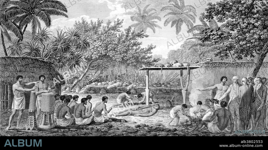 Eentitled: "Human sacrifice in a Morai in Otaheite." Captain James Cook (November 7, 1728 - February 14, 1779) was an English explorer, navigator and cartographer in the Royal Navy. He mapped lands from New Zealand to Hawaii in the Pacific Ocean in greater detail and on a scale not previously achieved. He surveyed and named features, and recorded islands and coastlines on European maps for the first time. He displayed a combination of seamanship, superior surveying and cartographic skills, physical courage and an ability to lead men in adverse conditions. In 1779 he was attacked and killed by the natives in Hawaii. Originally regarded as a god by the natives, his heart was divided between tribal chiefs and eaten. His hands were stuffed with salt to preserve them and many of his bones were placed around the island, given to other significant tribal chiefs. His remains were then returned to his crew in dignified fashion, with a cloak of white and black feathers, where they were placed in a small coffin and buried at sea.