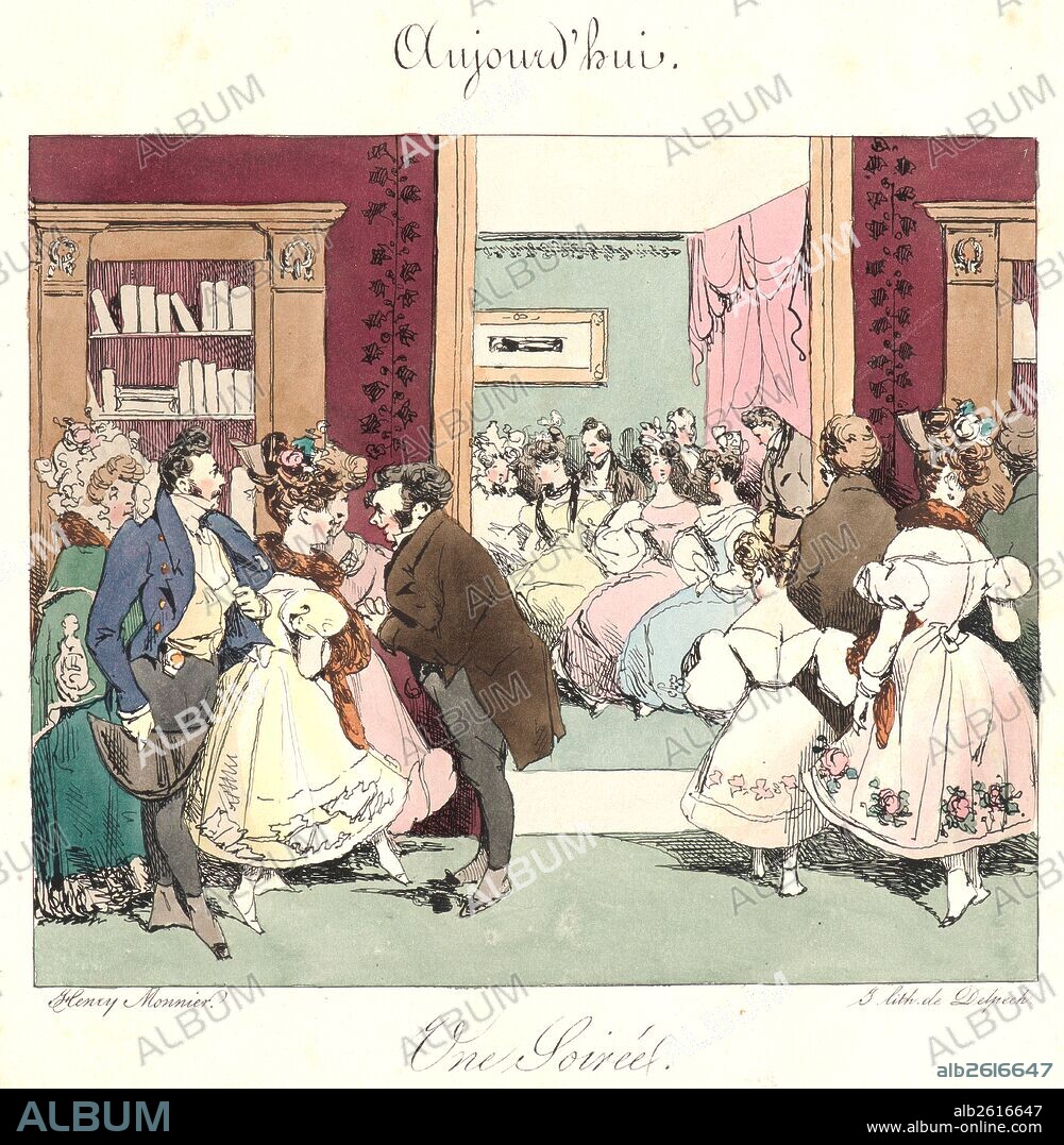 Henry Bonaventure Monnier (French, 1799/1805 - 1877). Un Soiree (Aujourd'hui), 1829. From The 18th Century and Today (Jadis et Aujourd'hui). Pen lithograph with hand coloring.