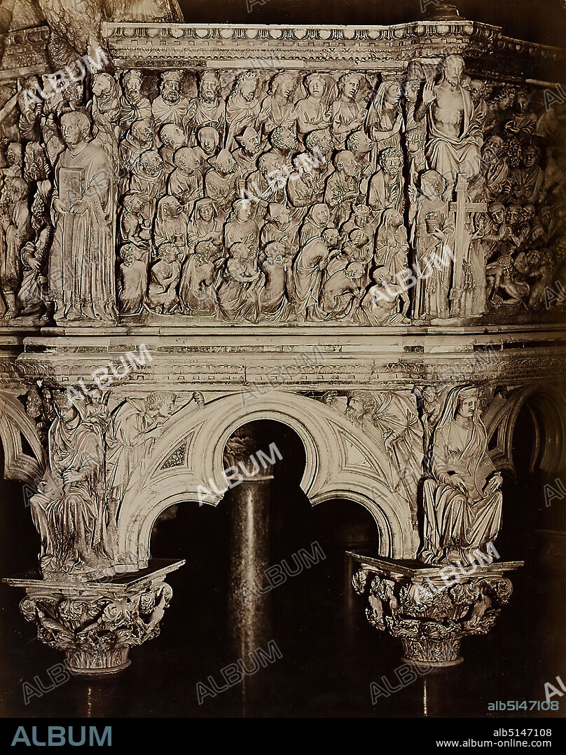 Paolo Lombardi, The marble pulpit in the cathedral of Siena - detail, albumin paper, black and white positive process, sheet size: height: 25.8 cm; width: 20.4 cm, stamp engraving, blind stamp: P. Lombardi, Fotografo, Siena, inscribed: recto on the cardboard: pulpit in the cathedral, Siena, architectural photography, pulpit, ambo, church equipment, sculpture, sculpture, sculpture art.