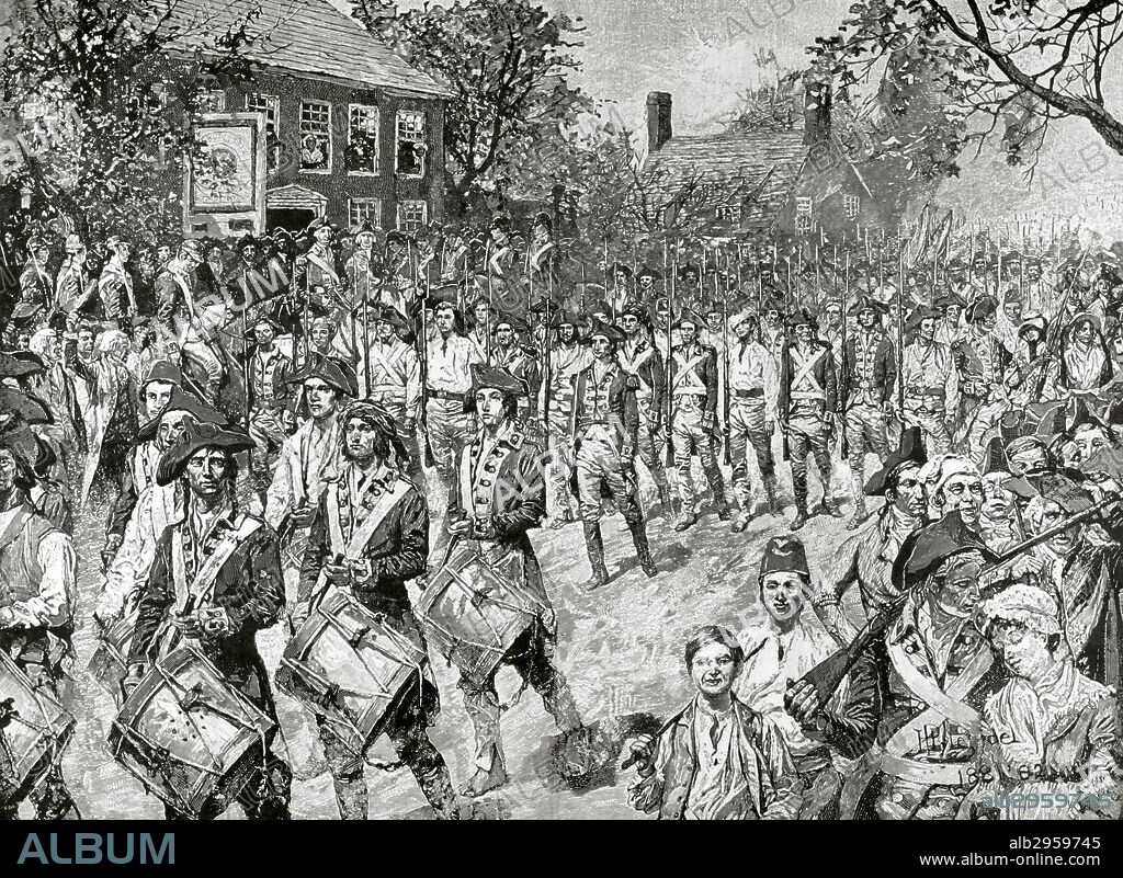 GUERRA DE LA INDEPENDENCIA AMERICANA (1775-1783). El Final de la guerra. El ejército insurgente norteamericano desfilando dirección Nueva York. Dibujo de Howard Pyle. Siglo XIX.