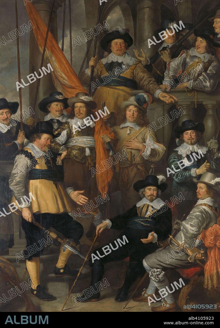 GOVERT FLINCK. Officers and other shooters from neighborhood XVIII in Amsterdam under the direction of Captain Albert Bas and Lieutenant Lucas Conijn. Dating: 1645. Measurements: h 347 cm × w 244 cm; h 365.5 cm × w 268.5 cm × d 10.5 cm; w 106 kg.