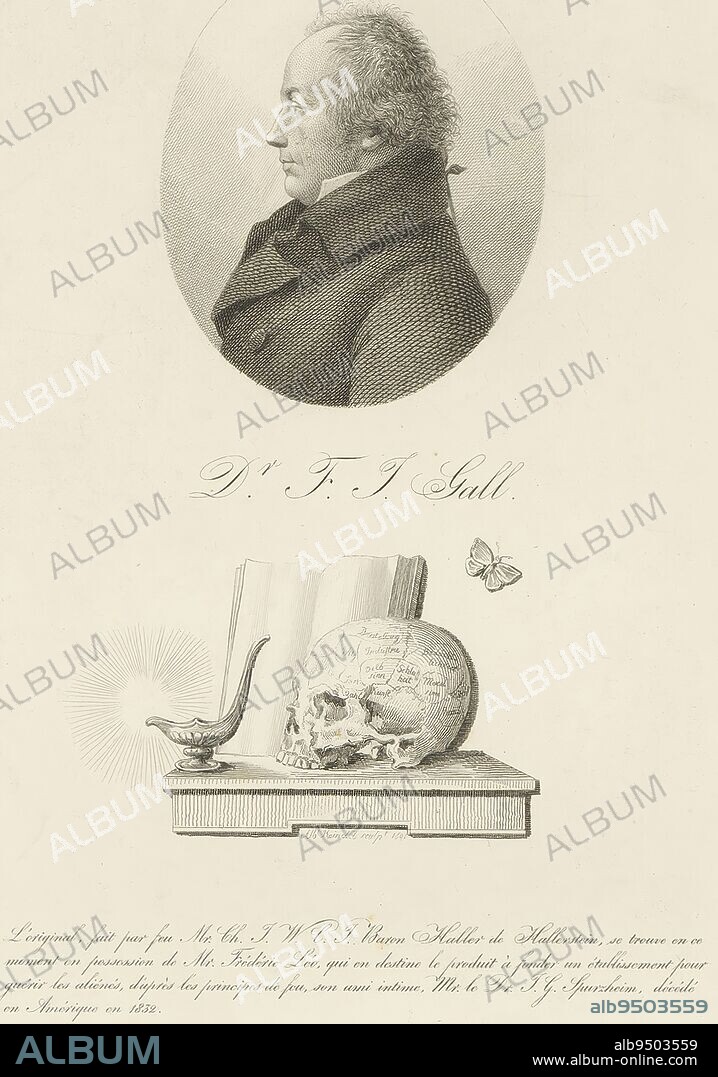 Portrait of Franz Joseph Gall, Albert Christoph Reindel, 1841, print maker: Albert Christoph Reindel, (mentioned on object), Neurenberg, 1841, paper, engraving, h 216 mm - w 149 mm.