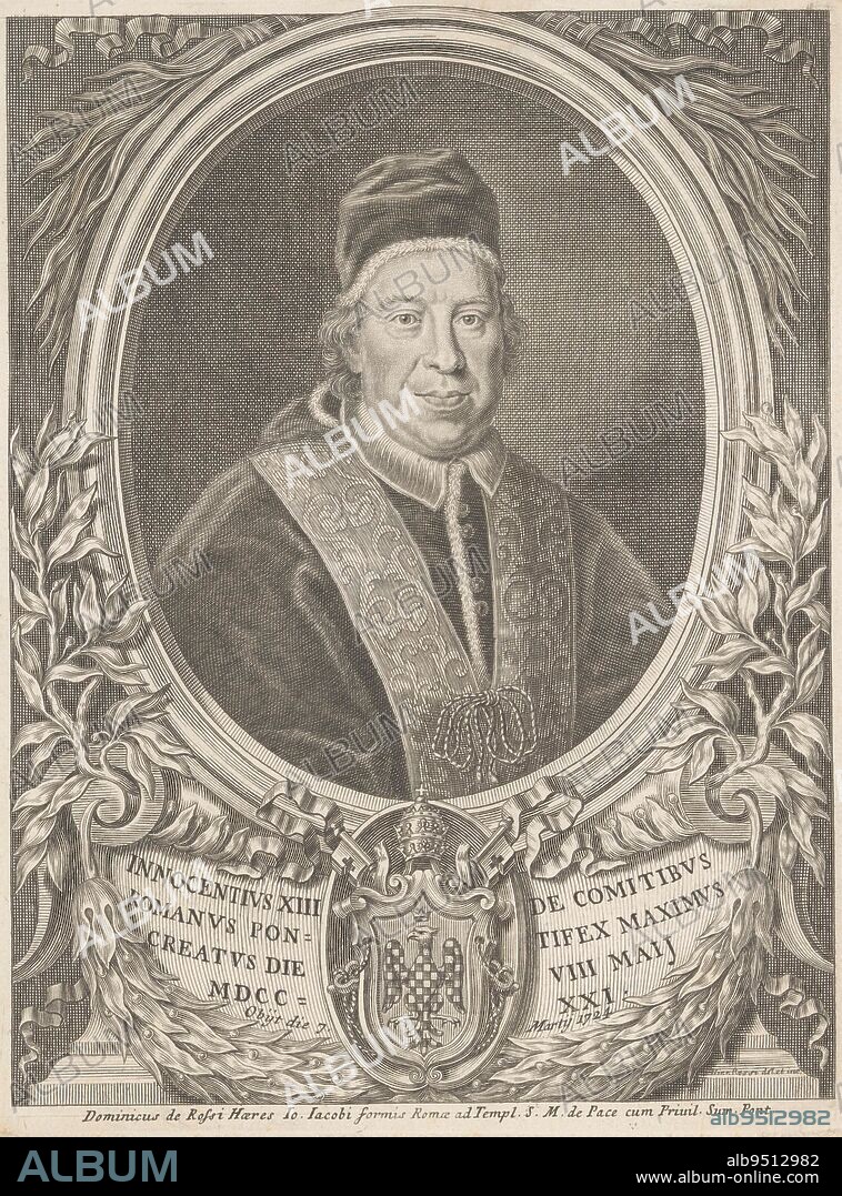 Portrait of Pope Innocent XIII, print maker: Girolamo Rossi (II), (mentioned on object), intermediary draughtsman: Girolamo Rossi (II), (mentioned on object), publisher: Domenico de'Rossi, (mentioned on object), print maker: Rome, intermediary draughtsman: Rome, publisher: Rome, Vaticaanstad, 1724 - 1762, paper, engraving, h 247 mm × w 189 mm.