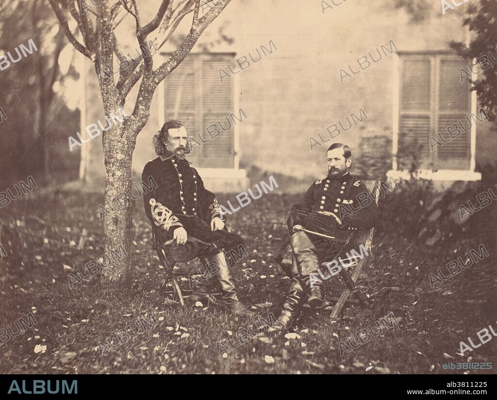 General Custer and Major General Pleasanton photographed by Timothy H. O'Sullivan, 1863, in Warrenton, Virginia. Alfred Pleasonton (July 7, 1824 - February 17, 1897) was a United States Army officer and General of Union cavalry during the American Civil War. He commanded the Cavalry Corps of the Army of the Potomac during the Gettysburg Campaign, including the largest predominantly cavalry battle of the war, Brandy Station. In 1862 First Lieutenant George A. Custer fell into the orbit of Pleasonton, who was commanding a cavalry division. The general was Custer's introduction to the world of extravagant uniforms and political maneuvering, and the young lieutenant became his protÃ©gÃ©, serving on Pleasonton's staff while continuing his assignment with his regiment. On June 28, 1863, three days prior to the Battle of Gettysburg, General Pleasonton promoted Custer from captain to brigadier general of volunteers. Despite having no direct command experience, he became one of the youngest generals in the Union Army at age 23. In 1864, Pleasonton was transferred to the Trans-Mississippi Theater, where he defeated Confederate General Sterling Price in two key battles, effectively ending the war in Missouri. He died in his sleep in 1897 at the age of 72. Before his death, Pleasonton requested that his funeral be devoid of all military honors and even refused to be buried in his old uniform because he felt the Army passed him over after the Civil War.