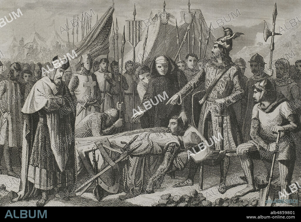 Historia de la Corona de Aragón. Reinado de Jaime I"El Conquistador". Entierro de los hermanos Moncada, Guillermo y Ramón de Moncada, muertos el 12 de septiembre de 1229, durante la conquista de la isla de Mallorca (1229-1231). Ilustración por Urrabieta. Grabado por Roca. Historia de Cataluña y de la Corona de Aragón, por Victor Balaguer. Tomo II. Barcelona,1861.