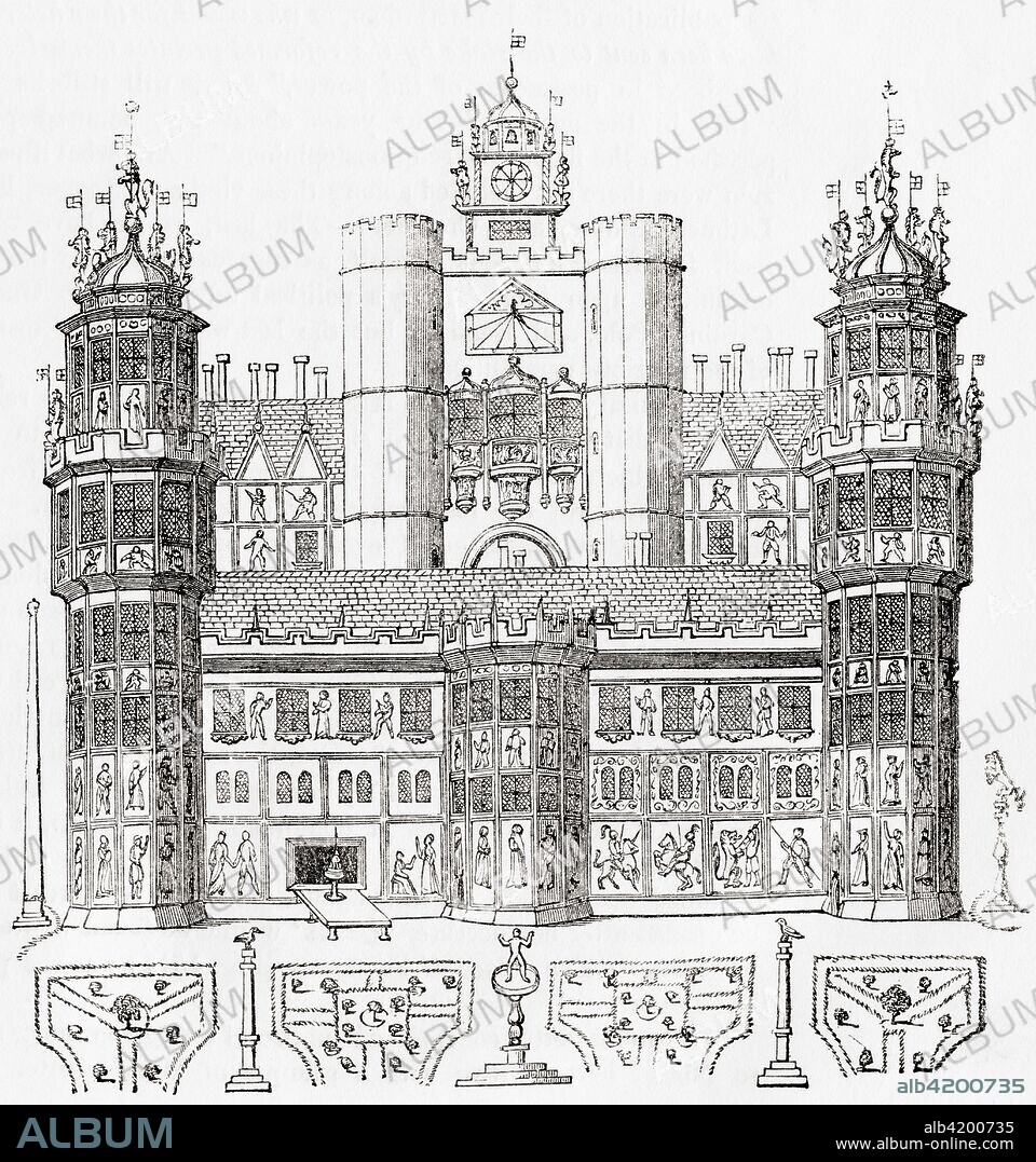 Nonsuch Palace, a Tudor royal palace, built by Henry VIII in Surrey, England which stood from 1538 to 1682-3.  From Old England: A Pictorial Museum, published 1847.
